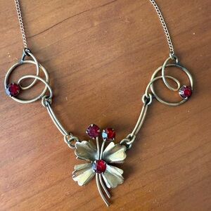 Elegant Gold Filled W Red Stones Floral Necklace, Signed. 4 Leaf Clover, Celtic